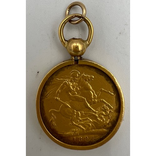 668 - A Victorian full sovereign 1894 mounted in unmarked yellow metal. Total weight 11.6gm.