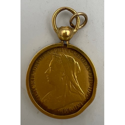 668 - A Victorian full sovereign 1894 mounted in unmarked yellow metal. Total weight 11.6gm.