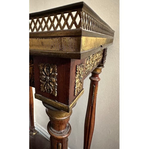 14 - A mahogany and gilt embellished hall table with marble and metal galleried top. 40.5 w x 32 d x 81cm... 