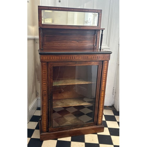 15 - A mahogany chiffonier with parquetry embellishment, two shelves to interior and mirror and shelf to ... 