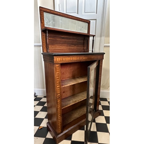 15 - A mahogany chiffonier with parquetry embellishment, two shelves to interior and mirror and shelf to ... 