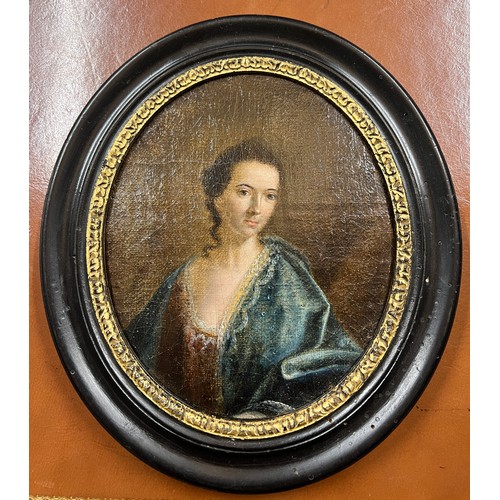 1404 - An oil on board portrait of a lady in an ebonised and gilt frame. 23cm x 20cm.