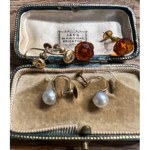 388 - Three pairs of vintage screw on earring to include pearl and diamond set, contained within a vintage... 