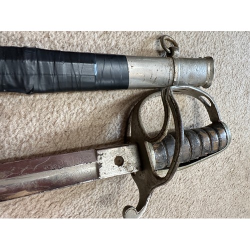 1202 - A Lancashire Artillery Volunteers straight edged sword with scabbard inscribed 'Lancashire Artillery... 