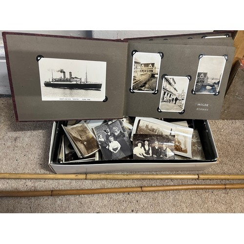 1338 - A miscellany to include early 20thC photograph album and a box of loose photographs, silver mounted ... 