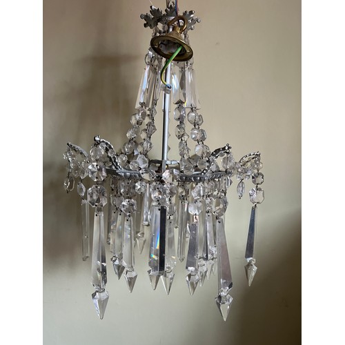 1235 - Vintage glass and metal chandelier height from fitting to bottom of drops 53cm.