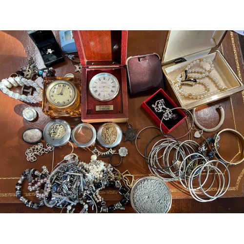 343 - A quantity of costume jewellery, pocket watch cases, clocks, miniature photograph frame etc.