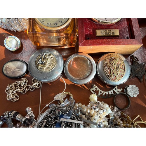 343 - A quantity of costume jewellery, pocket watch cases, clocks, miniature photograph frame etc.