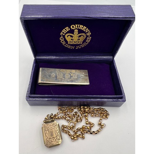 361 - A silver money clip for the Queens Golden Jubilee 2002 Sheffield and an unmarked yellow metal locket... 