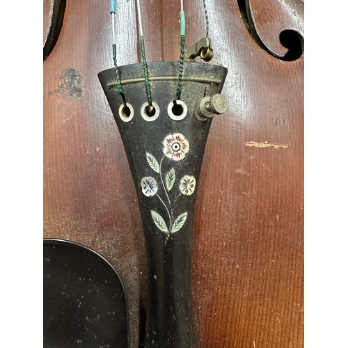 1220 - A violin with mother of pearl, bow and case, inscribed inside Copie de Nicolaus Amatius Cremoniea Hi... 