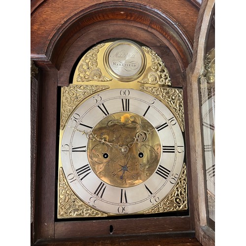 1262A - An oak and mahogany 8 day longcase clock with painted face by J. Breakenrig Edinburgh. No weights or... 