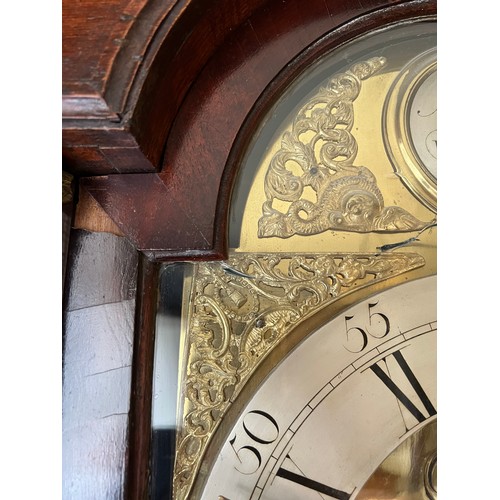 1262A - An oak and mahogany 8 day longcase clock with painted face by J. Breakenrig Edinburgh. No weights or... 