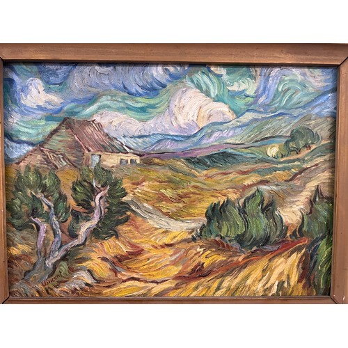 1414 - Oil on canvas impressionistic landscape in the manner of Van Gogh in gilt frame bearing label Curt V... 