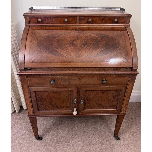 65 - A 19thC cylinder topped writing table with inlays and white metal brass gallery and knobs. 74 w x 47... 