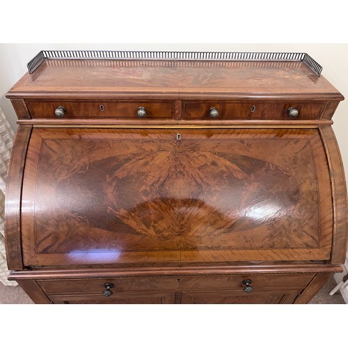 65 - A 19thC cylinder topped writing table with inlays and white metal brass gallery and knobs. 74 w x 47... 