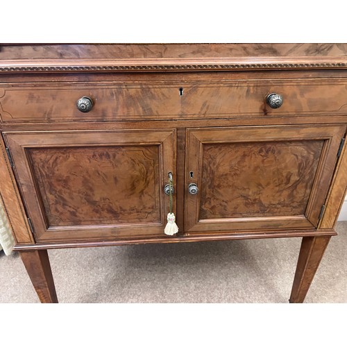 65 - A 19thC cylinder topped writing table with inlays and white metal brass gallery and knobs. 74 w x 47... 