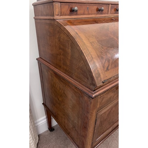 65 - A 19thC cylinder topped writing table with inlays and white metal brass gallery and knobs. 74 w x 47... 