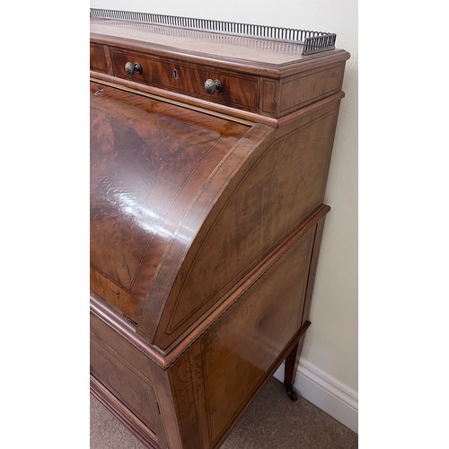 65 - A 19thC cylinder topped writing table with inlays and white metal brass gallery and knobs. 74 w x 47... 