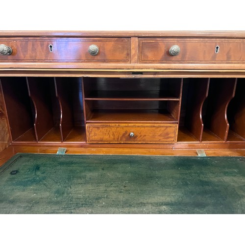 65 - A 19thC cylinder topped writing table with inlays and white metal brass gallery and knobs. 74 w x 47... 