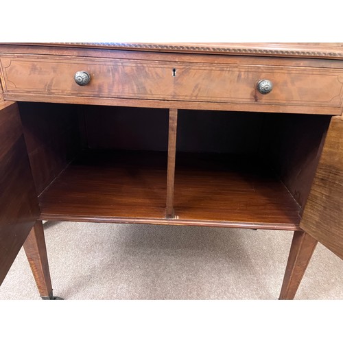 65 - A 19thC cylinder topped writing table with inlays and white metal brass gallery and knobs. 74 w x 47... 