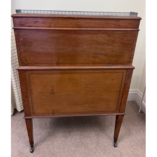 65 - A 19thC cylinder topped writing table with inlays and white metal brass gallery and knobs. 74 w x 47... 