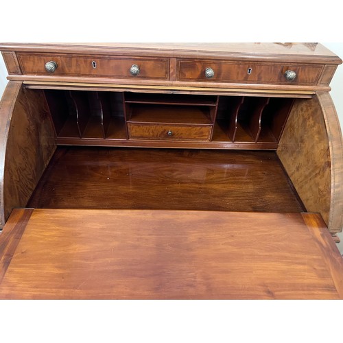 65 - A 19thC cylinder topped writing table with inlays and white metal brass gallery and knobs. 74 w x 47... 