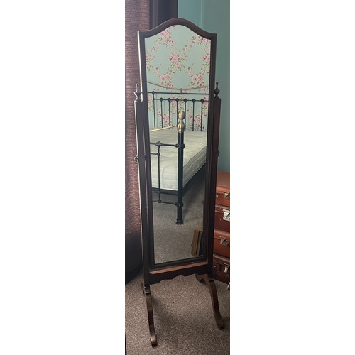 1013 - A mahogany framed cheval mirror. 41cm w x 161cm h 47cm d at base.