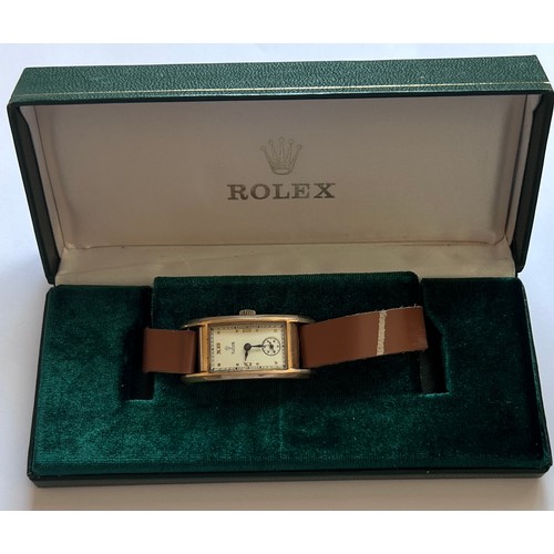 549 - A Rolex Tudor gold plated,  Art Deco, hand winding wristwatch on brown leather strap in green Rolex ... 