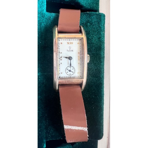 549 - A Rolex Tudor gold plated,  Art Deco, hand winding wristwatch on brown leather strap in green Rolex ... 