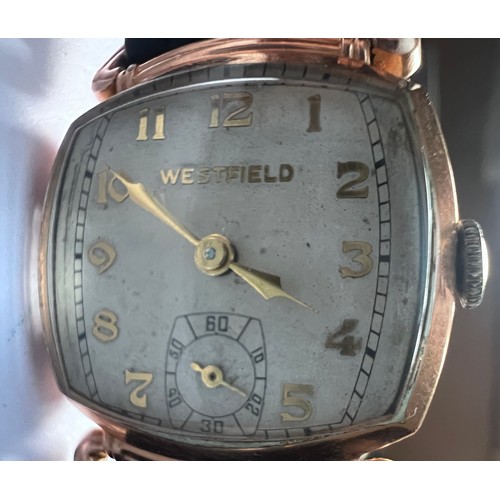 553 - A 10ct gold filled bezel vintage Westfield (Bulova) wristwatch on black leather strap. Case 25mm. 

... 