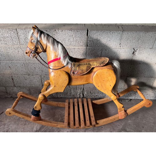 852 - Large vintage wooden rocking horse with horse hair mane and tail, leather bridle and saddle. 121cm h... 