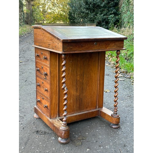 60 - Mahogany Davenport with barley twist supports, small single drawer over four drawers to side and gal... 