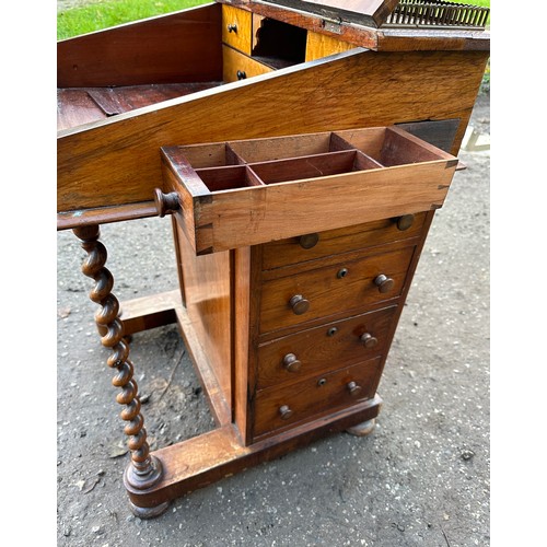 60 - Mahogany Davenport with barley twist supports, small single drawer over four drawers to side and gal... 