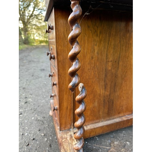 60 - Mahogany Davenport with barley twist supports, small single drawer over four drawers to side and gal... 