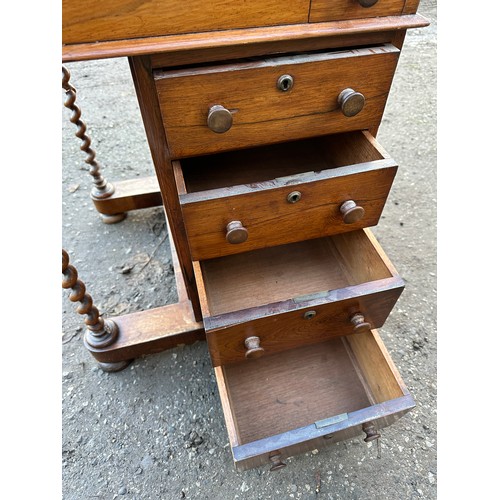 60 - Mahogany Davenport with barley twist supports, small single drawer over four drawers to side and gal... 