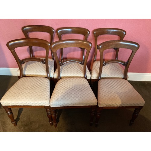 62 - Set of six Victorian dining chairs with cream upholstery covered seats. Height to back 86cm.