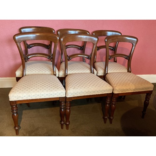 62 - Set of six Victorian dining chairs with cream upholstery covered seats. Height to back 86cm.