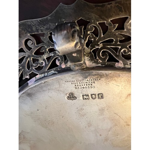 695 - Silver salver with pierced border and decorated centre with monogram and date July 17th 1907. 26cm d... 