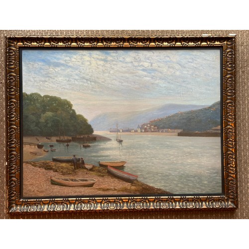 1151 - L.E. Trant. An oil on canvas of landscape scene with water and mountains behind glass. Image size 45... 