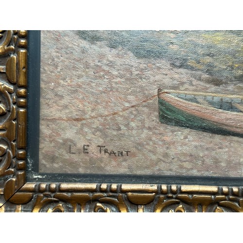 1151 - L.E. Trant. An oil on canvas of landscape scene with water and mountains behind glass. Image size 45... 