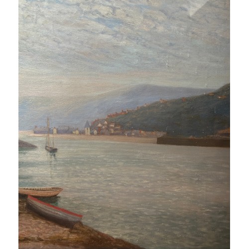 1151 - L.E. Trant. An oil on canvas of landscape scene with water and mountains behind glass. Image size 45... 