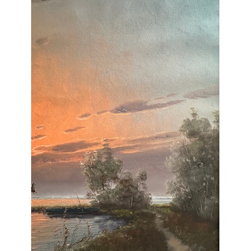 1153 - Gien Brouwer - Dusk over the Dutch Wetlands, with Mallards in flight, signed l.l. oil on canvas, ima... 