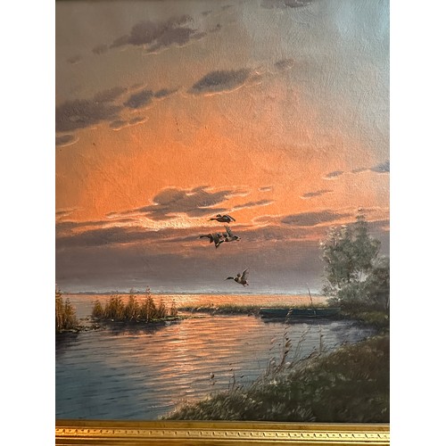 1153 - Gien Brouwer - Dusk over the Dutch Wetlands, with Mallards in flight, signed l.l. oil on canvas, ima... 