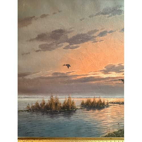 1153 - Gien Brouwer - Dusk over the Dutch Wetlands, with Mallards in flight, signed l.l. oil on canvas, ima... 