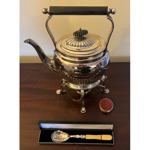 637 - A goood quality silver plated tea kettle on stand with burner, preserve spoon and a pin cushion.