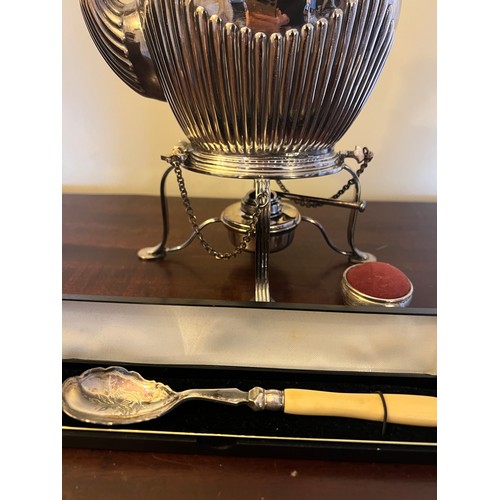 637 - A goood quality silver plated tea kettle on stand with burner, preserve spoon and a pin cushion.