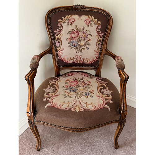 78 - A 19thC walnut open armchair with wool work seat, back and arms. 86cm h to back.