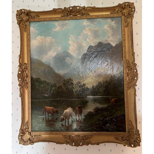 1178 - Oil on canvas Highland scene in gilt frame. Signed R. Jones lower left. 59cm x 49cm sight size.