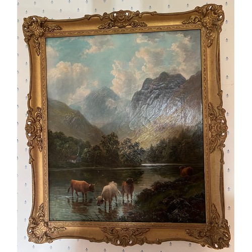 1178 - Oil on canvas Highland scene in gilt frame. Signed R. Jones lower left. 59cm x 49cm sight size.