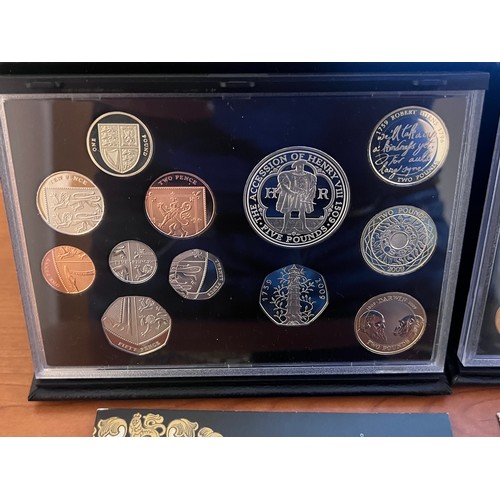 575 - Three cased sets of United Kingdom proof coins, limited editions issued by Royal Mint with accompany... 